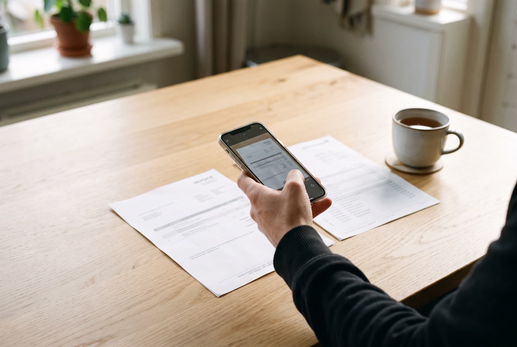 Een papieren factuur op tafel wordt met een telefoon gefotografeerd