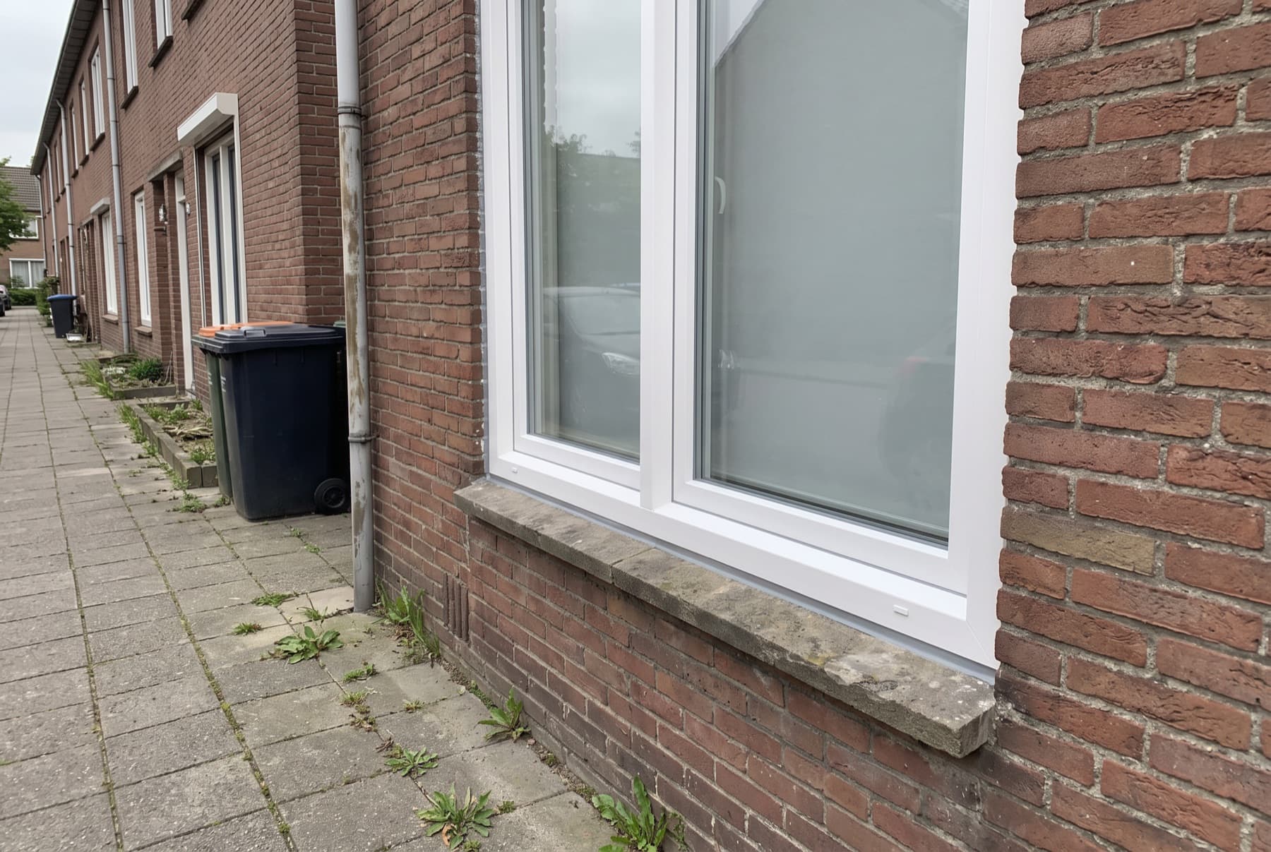 Nieuw wit kunststof kozijn met isolatieglas in een bakstenen gevel