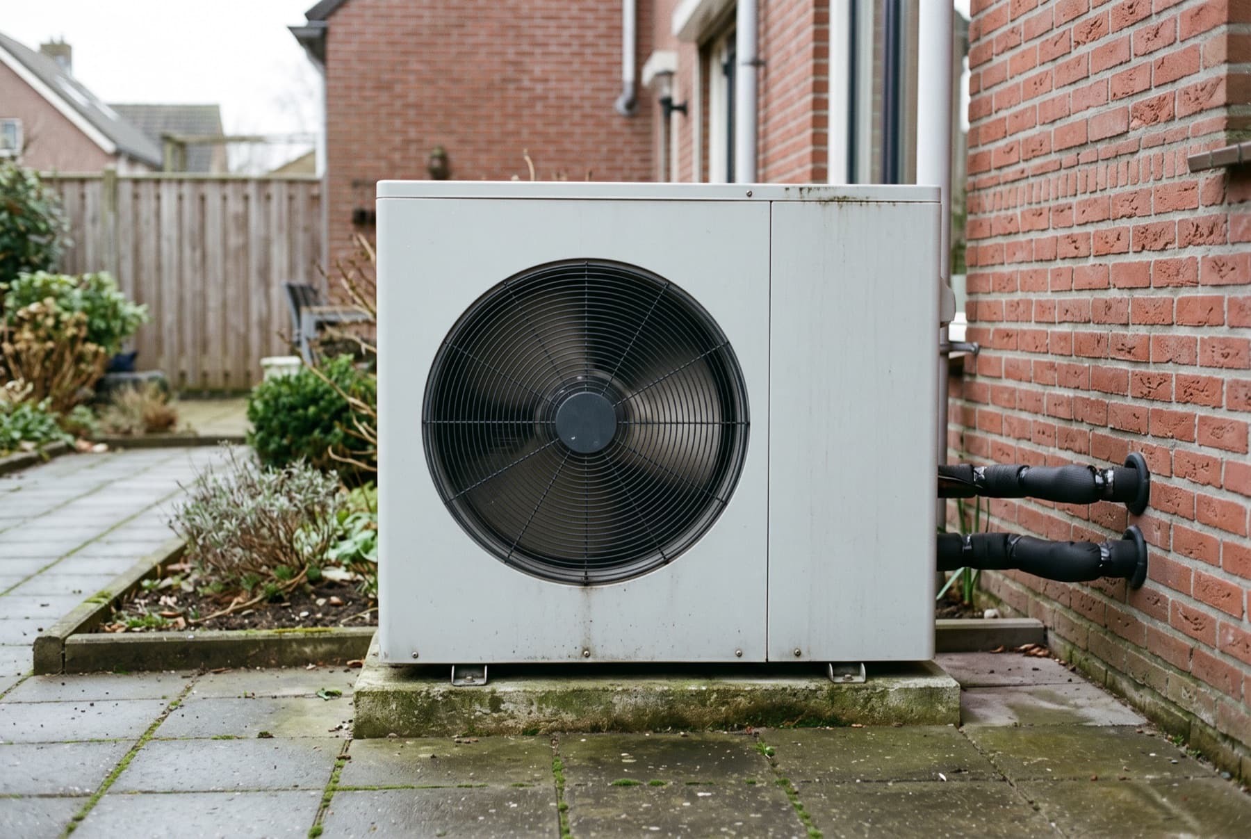 Buitenunit van een lucht-waterwarmtepomp naast een bakstenen woning